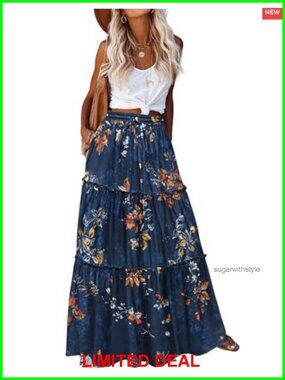 Bohemian Floral Print High Waist Maxi Skirt with Pockets